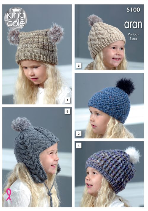 NEW OUT KING COLE CHILDRENS ARAN HAT KNITTING PATTERN (5100)
