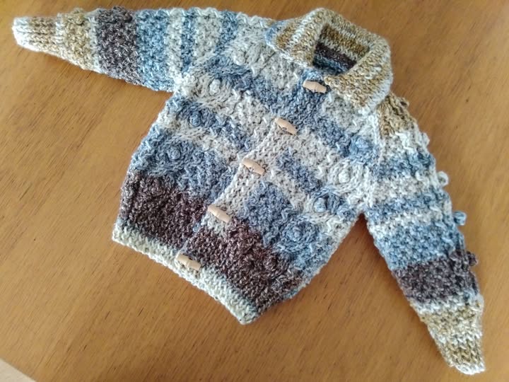 LOVELY HAND KNITTED BABY BOYS ARAN CARDIGAN AGE 3-6 MONTHS