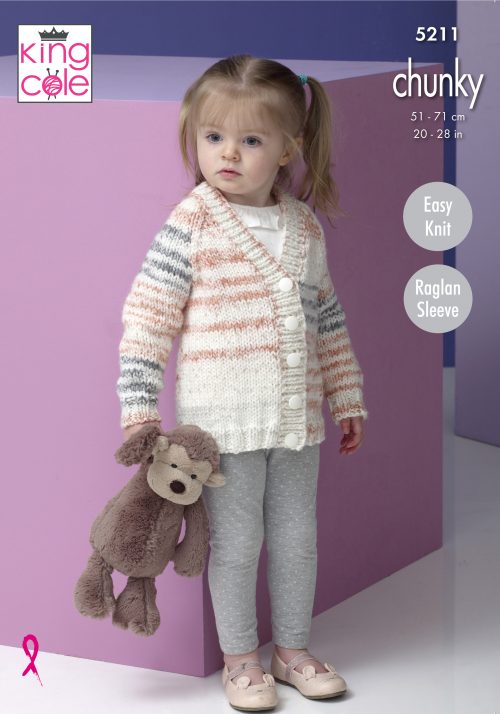KING COLE CHILDRENS CHUNKY SWEATER AND CARDIGAN KNITTING PATTERN (5211)