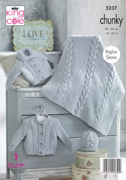 KING COLE BABIES CHUNKY,HAT,CARDIGAN AND BLANKET KNITTING PATTERN (5237)