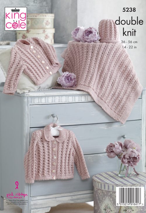 KING COLE BABIES DK CARDIGAN,HAT AND BLANKET KNITTING PATTERN (5238)