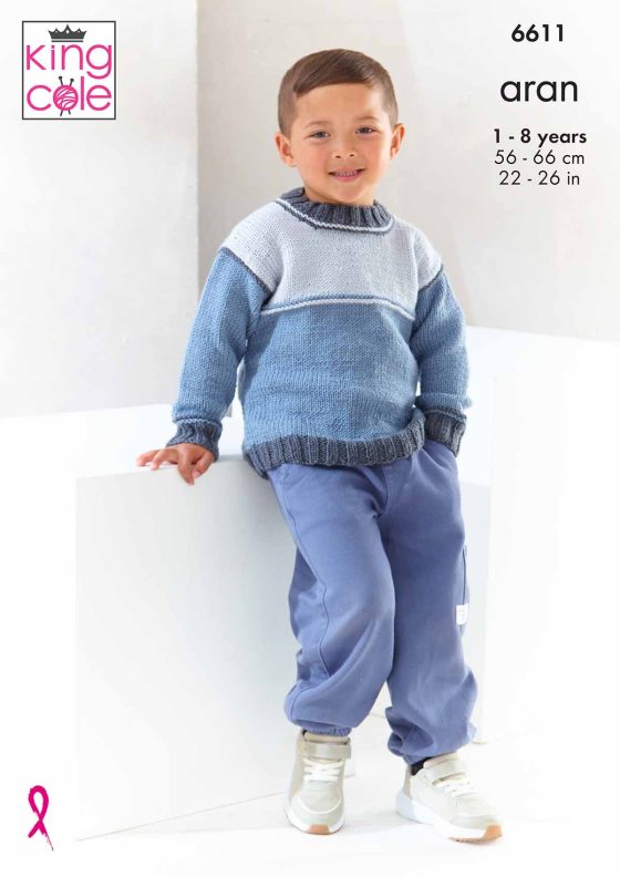 KING COLE CHERISH ARAN BOYS JUMPER KNITTING PATTERN KC6611