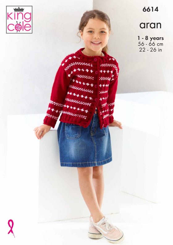 KING COLE CHERISH ARAN GIRLS CARDIGAN KNITTING PATTERN KC6614