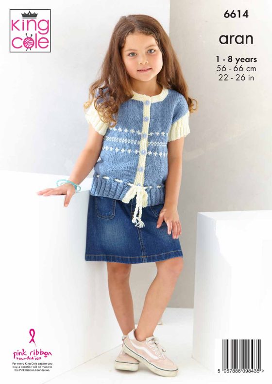 KING COLE CHERISH ARAN GIRLS CARDIGAN KNITTING PATTERN KC6614
