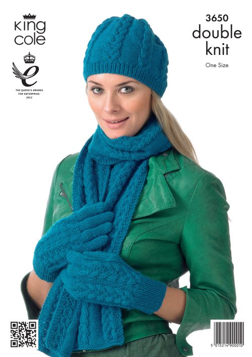KING COLE LADIES SCARF,HAT AND GLOVES KNITITNG PATTERN (3650)