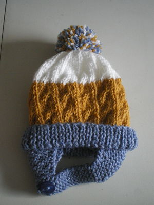 LOVELY BOYS HAND KNITTED CABLE HAT WITH EAR FLAPS BIRTH-3 MONHTS