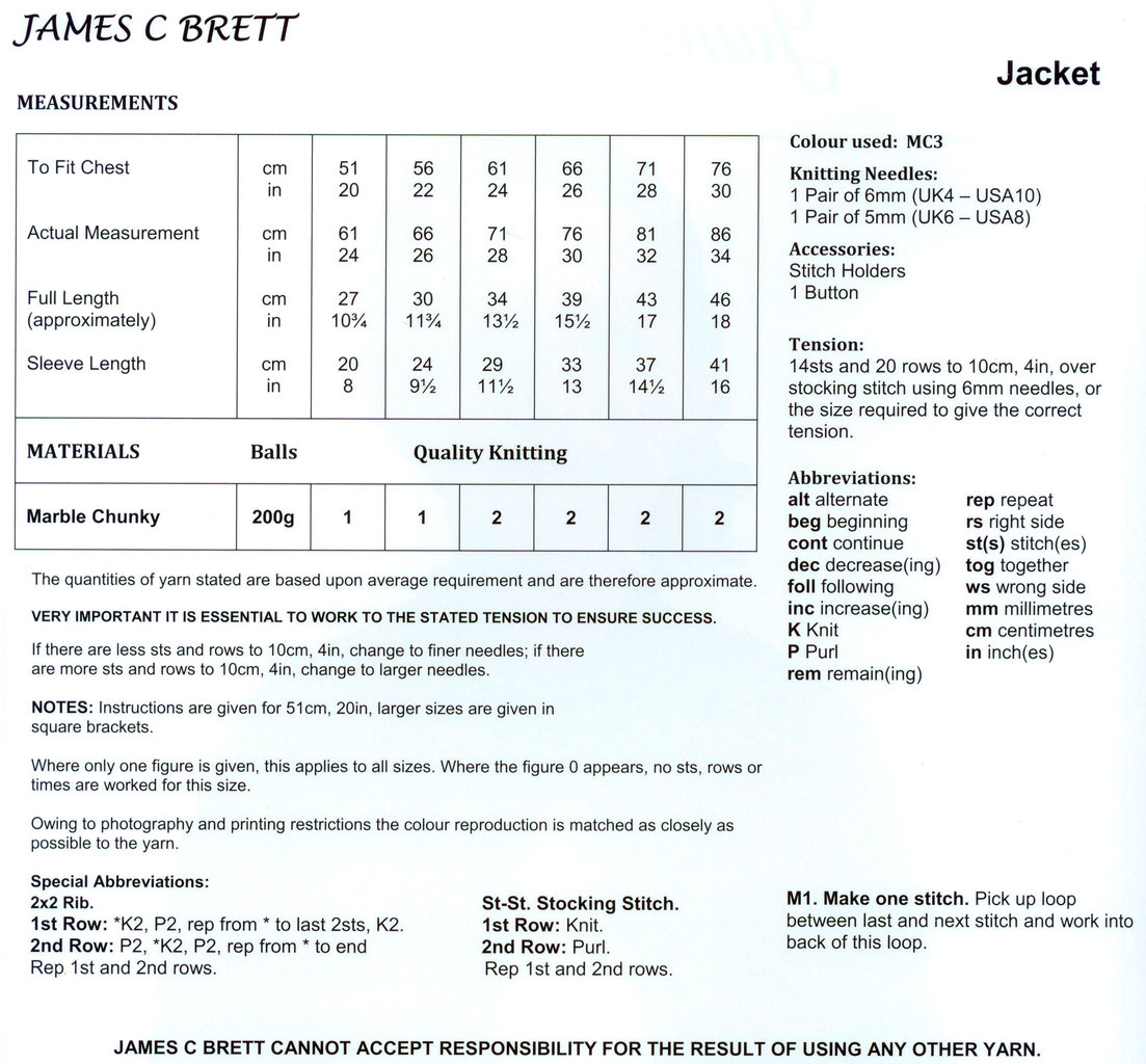 JAMES BRETT GIRLS CHUNKY CARDIGAN KNITTING PATTERN JB087