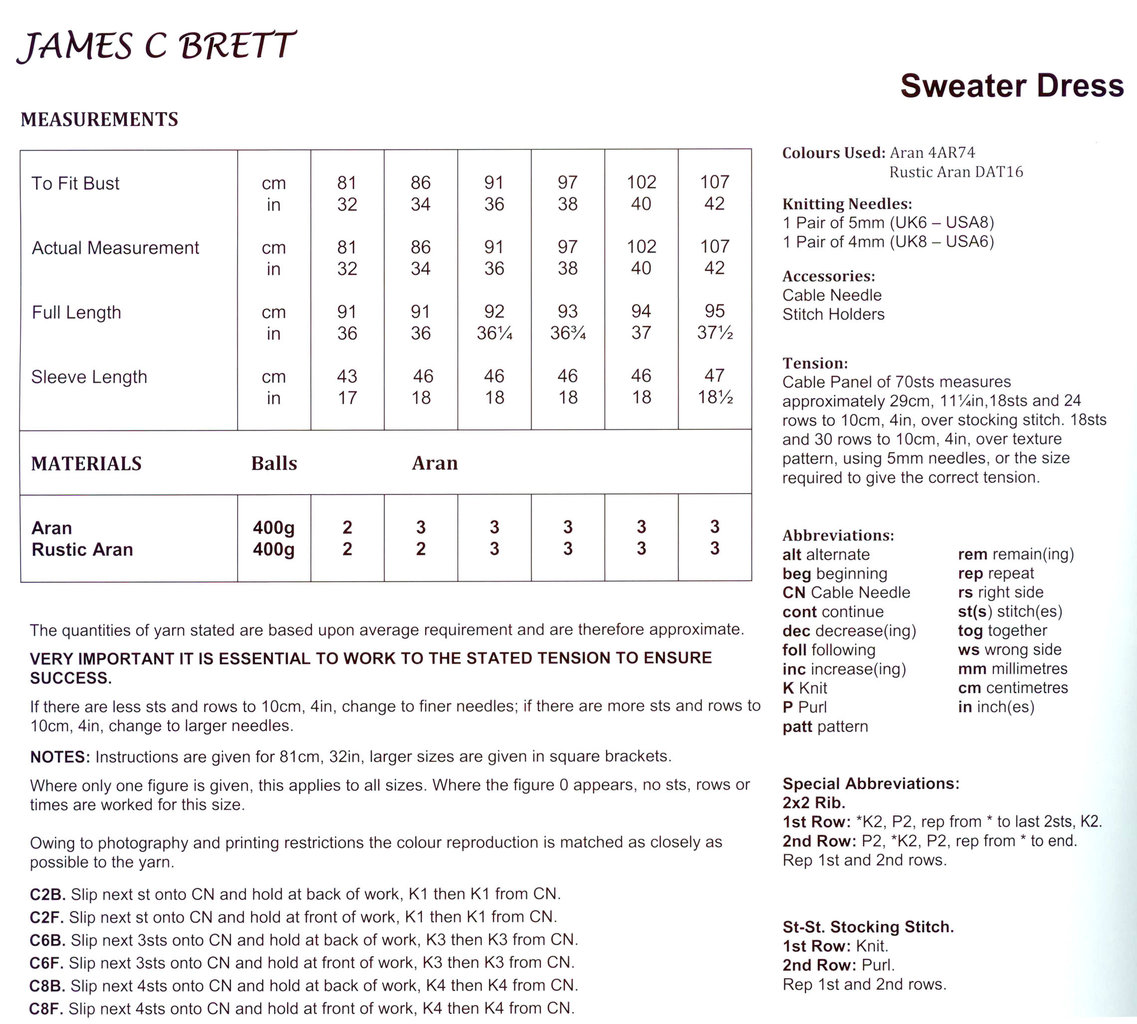 JAMES BRETT LADIES ARAN JUMPER DRESS KNITTING PATTERN JB100