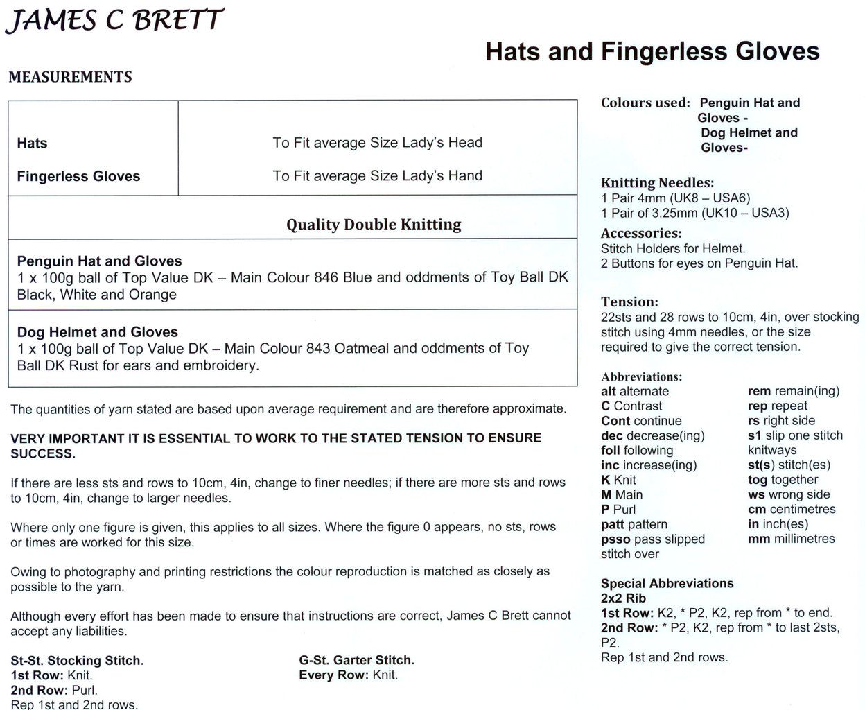 JAMES BRETT LADIES HAT AND GLOVE KNITTING PATTERN JB195