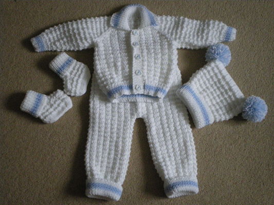 LOVELY HAND KNITTED BABY BOYS WAFFLED PRAM SET BLUE AND WHITE 0-3 MONTHS